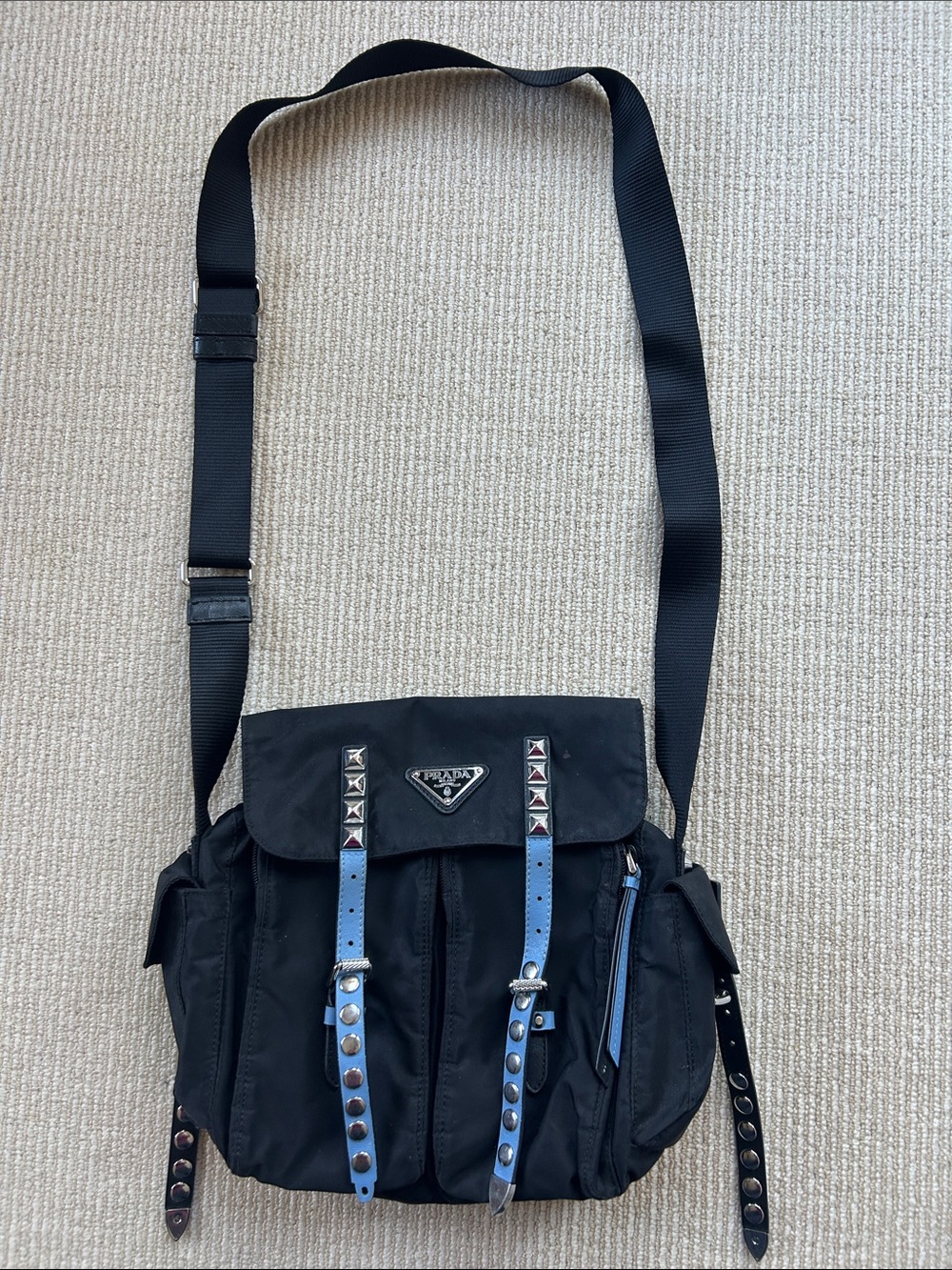 Black Crossbody Bag with Blue Strap Accents
